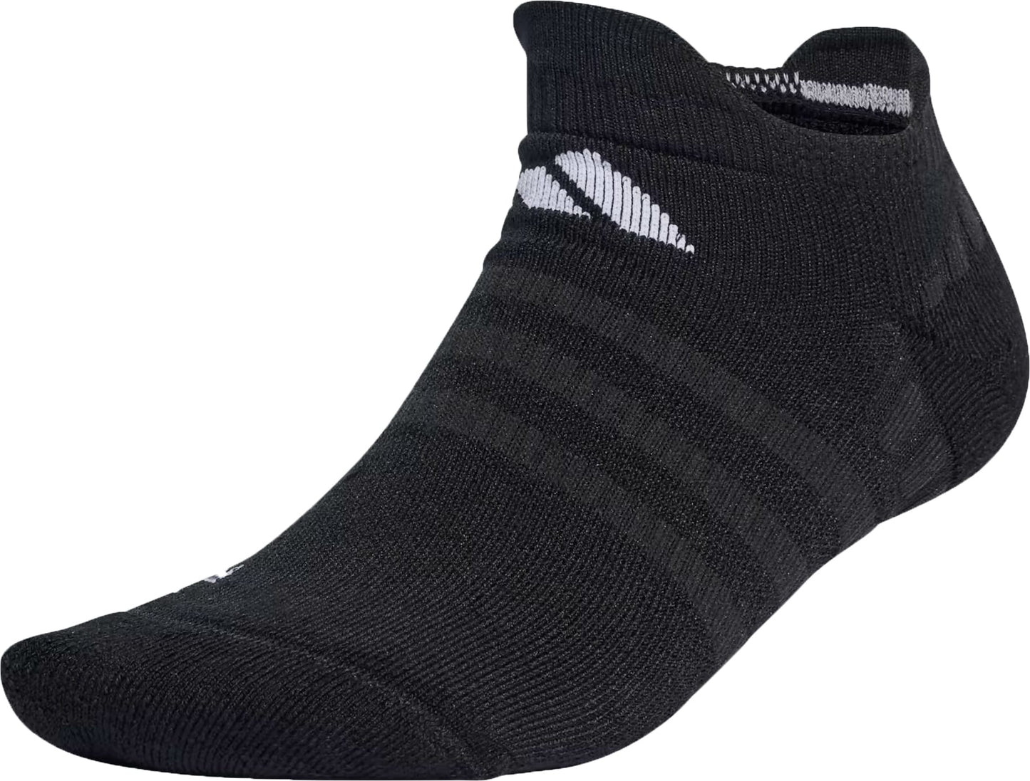 The adidas Low Cut Cushioned Tennis Sock in black features subtle dark stripes, a small white adidas logo near the cuff, and cushioned comfort, shown on an invisible foot-shaped form.