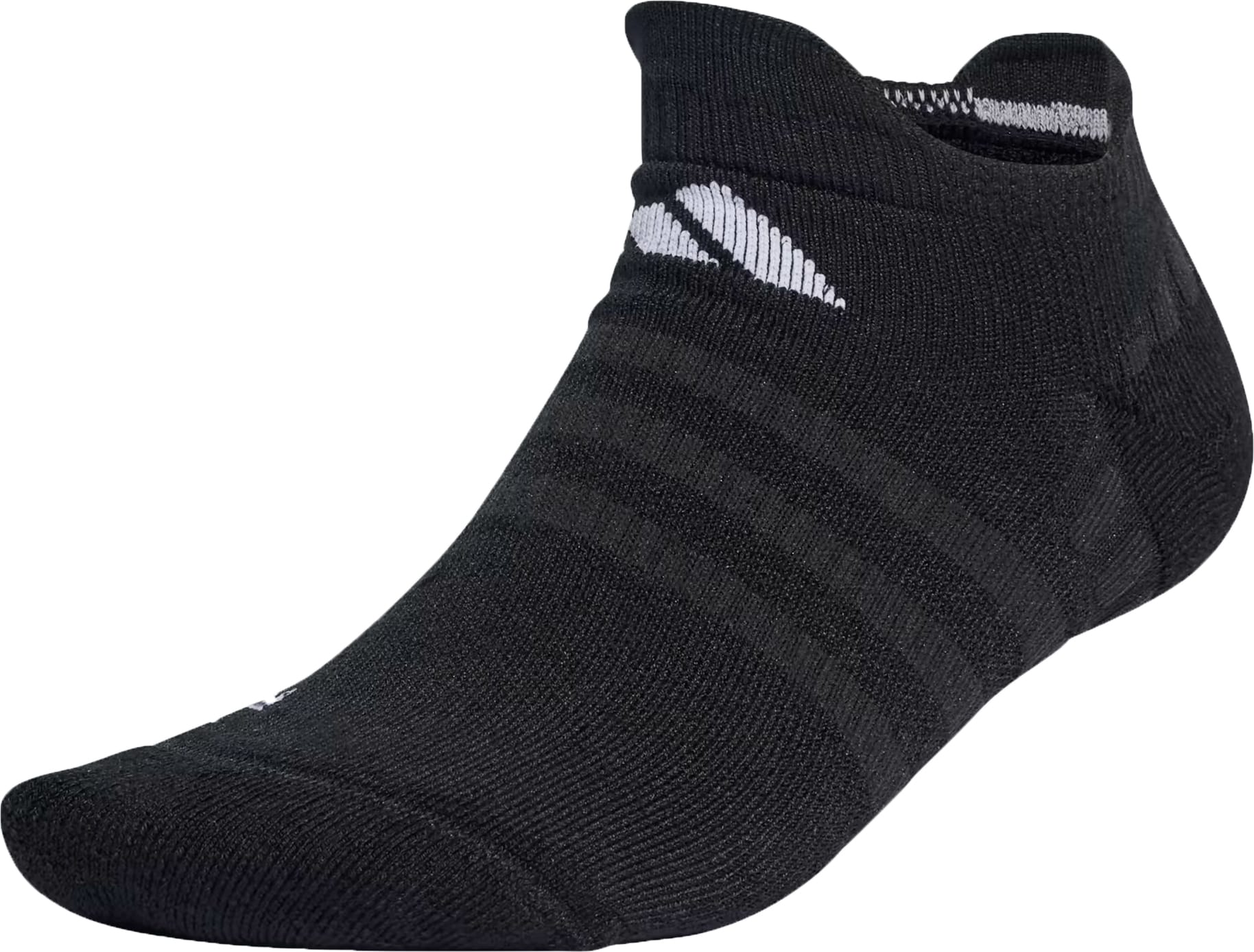 The adidas Low Cut Cushioned Tennis Sock in black features subtle dark stripes, a small white adidas logo near the cuff, and cushioned comfort, shown on an invisible foot-shaped form.
