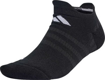 The adidas Low Cut Cushioned Tennis Sock in black features subtle dark stripes, a small white adidas logo near the cuff, and cushioned comfort, shown on an invisible foot-shaped form.