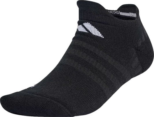 The adidas Low Cut Cushioned Tennis Sock in black features subtle dark stripes, a small white adidas logo near the cuff, and cushioned comfort, shown on an invisible foot-shaped form.