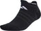 The adidas Low Cut Cushioned Tennis Sock in black features subtle dark stripes, a small white adidas logo near the cuff, and cushioned comfort, shown on an invisible foot-shaped form.