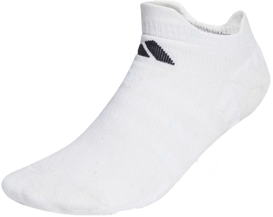 The adidas Low Cut Cushioned Tennis Socks - White feature a ribbed cuff, moisture-wicking fabric to keep feet dry, and a small black adidas logo near the top.