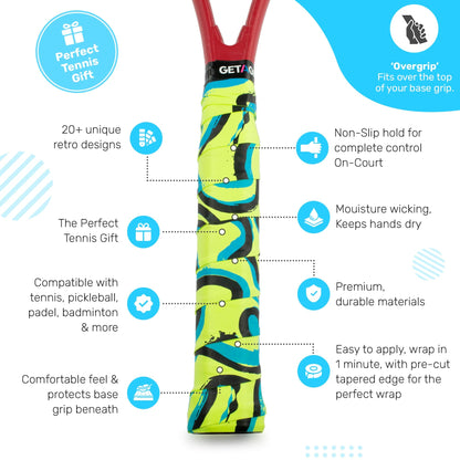 Get A Grip Tennis Overgrip - The Flow by Get A Grip: a colorful, non-slip, moisture-wicking grip made from premium materials for easy application and use across multiple racket sports—makes an ideal tennis gift.
