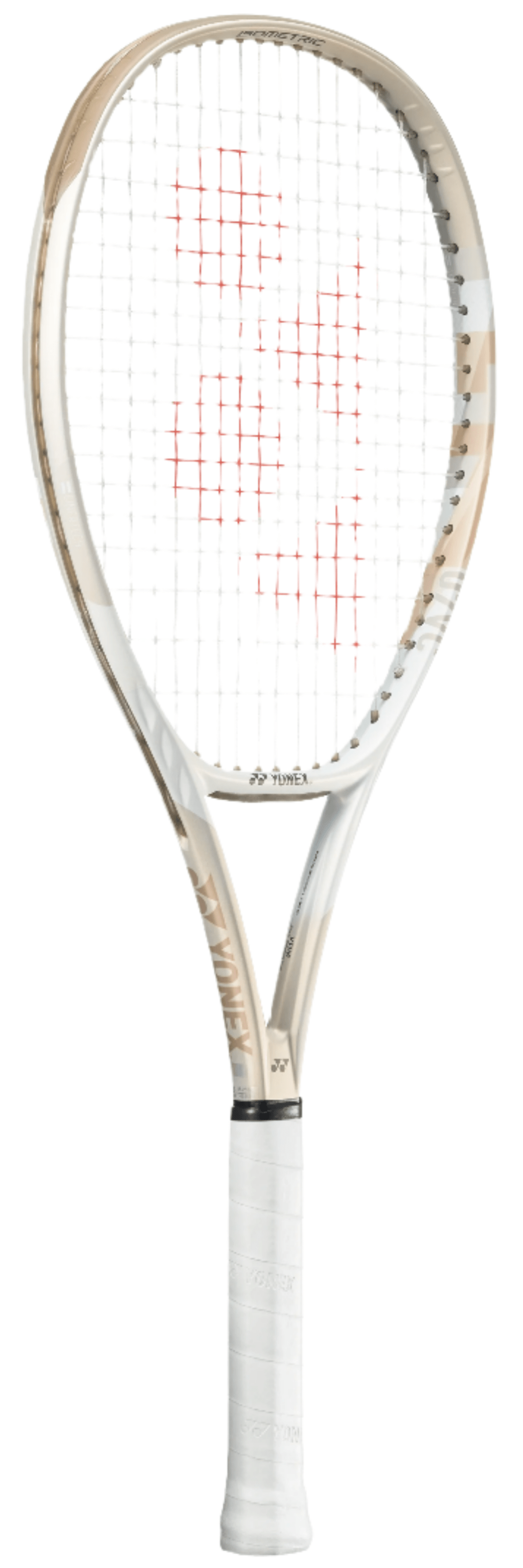 The Yonex VCORE Feel Tennis Racket in Sand Beige features red strings in a "Y" pattern and a white grip. It incorporates ISOMETRIC technology, with "Yonex" elegantly displayed on the frame.