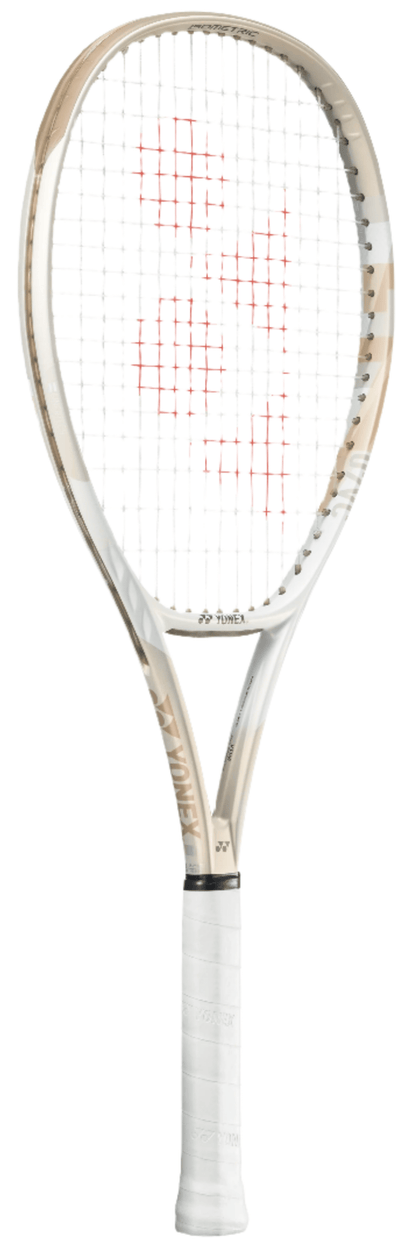 The Yonex VCORE Feel Tennis Racket in Sand Beige features red strings in a "Y" pattern and a white grip. It incorporates ISOMETRIC technology, with "Yonex" elegantly displayed on the frame.