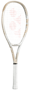 The Yonex VCORE Feel Tennis Racket in Sand Beige features red strings in a "Y" pattern and a white grip. It incorporates ISOMETRIC technology, with "Yonex" elegantly displayed on the frame.