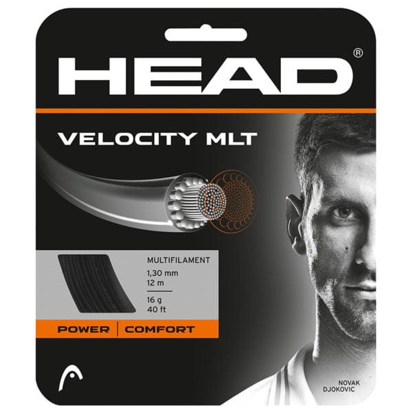 Pack of Choose Strings by Tennis HQ, 1.30 mm thickness, 12 m (40 ft) length, 16 g weight, featuring a design with a black and white photograph of a tennis player on the right side.