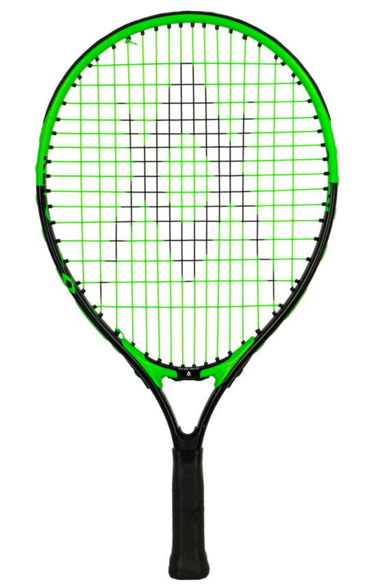 Introducing the Volkl Revolution 21 Junior Tennis Racket, a sleek option perfect for young players. This vibrant black and green racket, model G0000, boasts a glossy finish with distinctive green strings on a black handle, designed by Volkl to inspire confidence on the court.