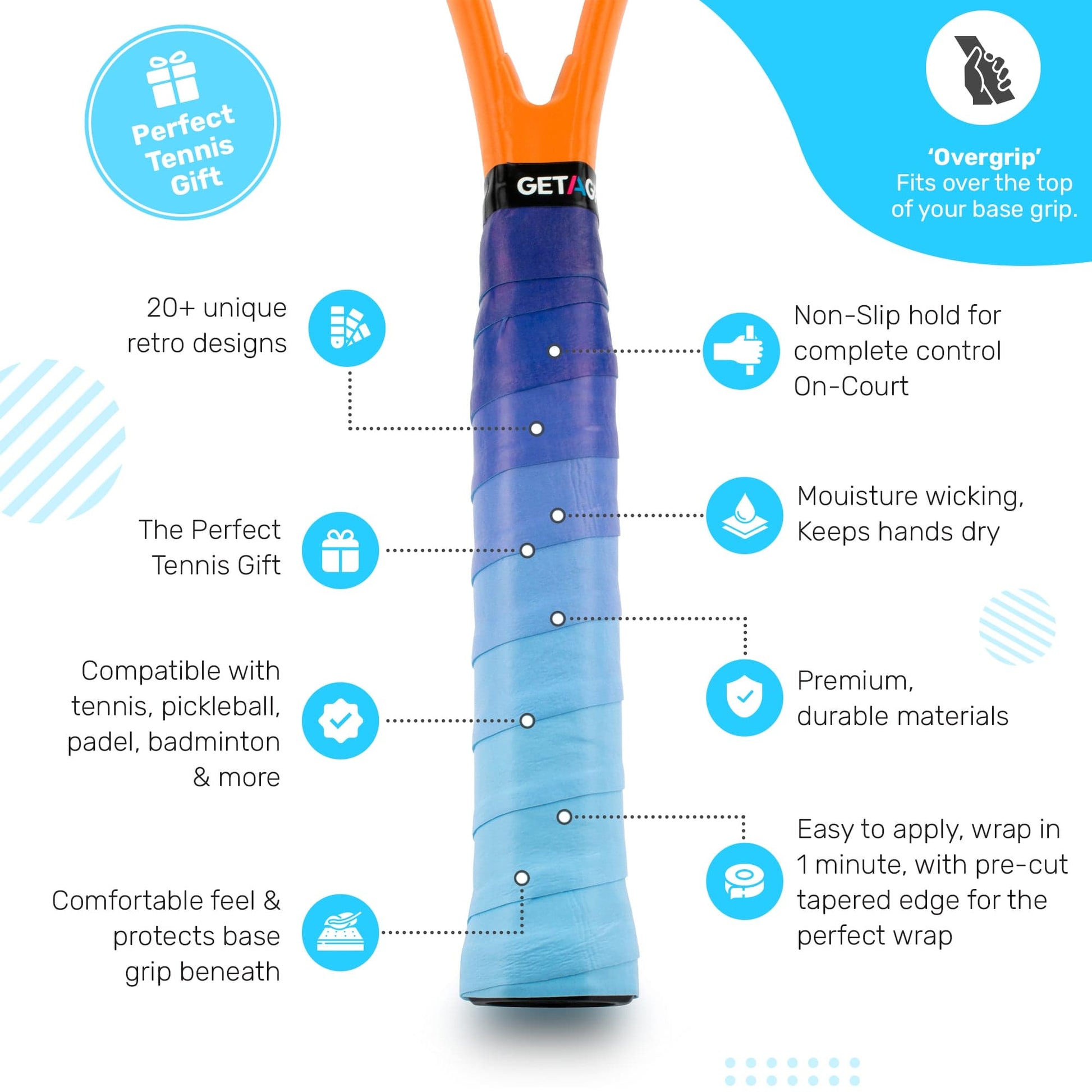 The Get A Grip Tennis Overgrip - Wavy by Get A Grip, shown on an orange and blue racket handle, features a non-slip hold, moisture-wicking design, durability, and is compatible with various racket sports.