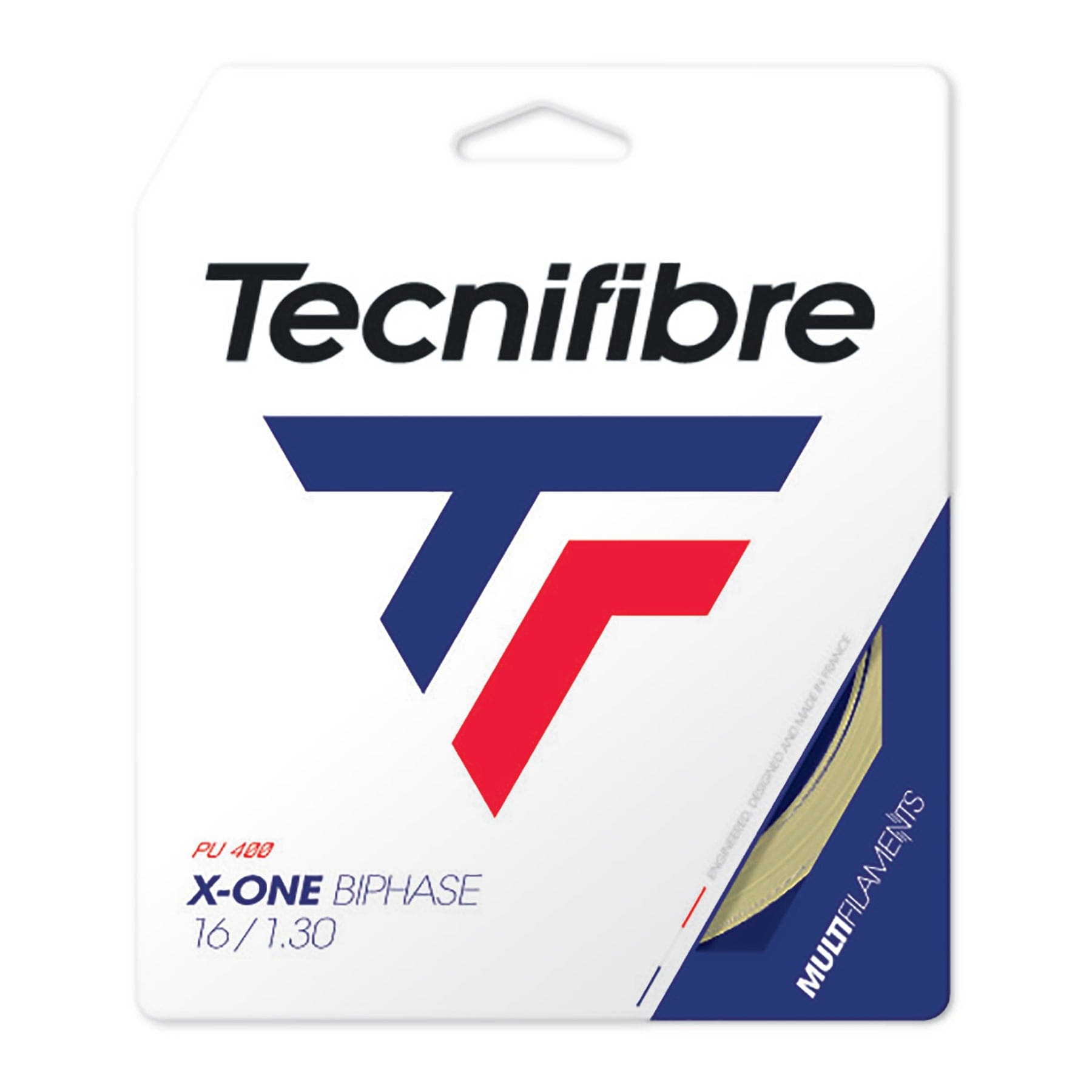Packaging of Tennis HQ's Choose Strings, featuring the brand logo in navy blue and red. The text indicates "16 / 1.30," with a small window displaying the string inside.