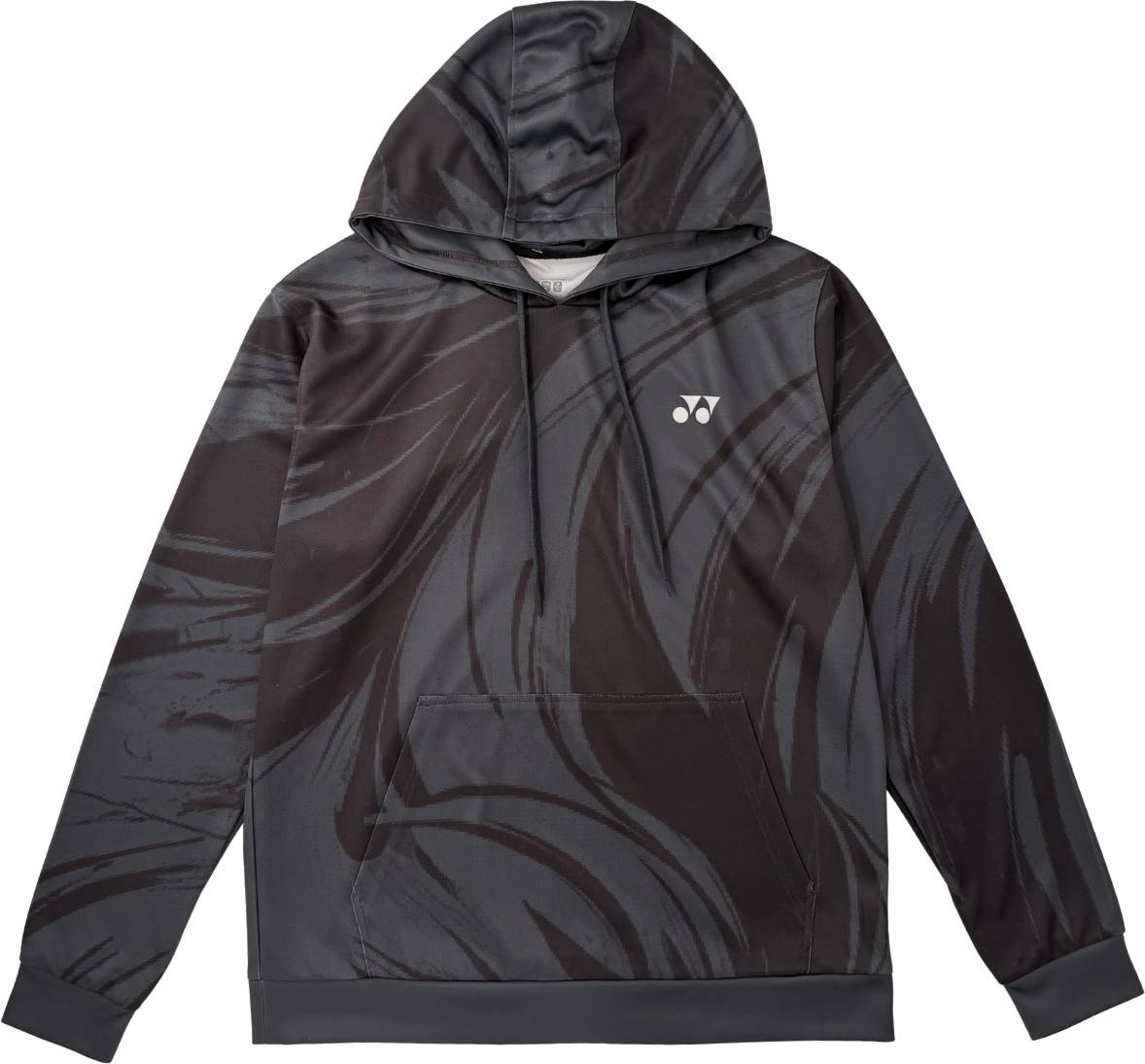 The Yonex YHD6 Unisex Tennis Hoodie - Storm features a black and dark gray swirling abstract pattern, a convenient front pocket, and a small white Yonex logo on the chest. This hoodie combines sporty style with comfort, making it perfect for on or off the tennis court.