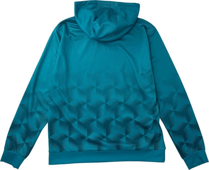 The Yonex YHD7 Unisex Tennis Hoodie in teal is pictured from the back, displaying a geometric cube pattern across the lower half and sleeves. Designed by Yonex, this hoodie features a solid upper section and long sleeves, providing stylish comfort for both on and off the tennis court.