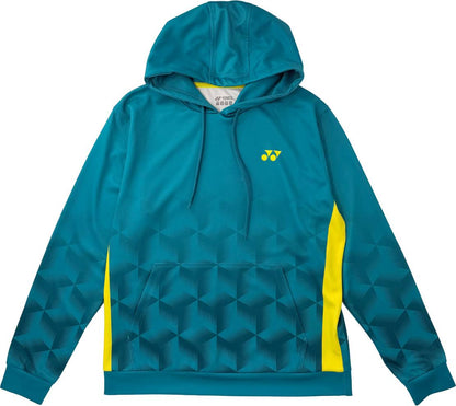 Introducing the Yonex YHD7 Unisex Tennis Hoodie in teal—a stylish hoodie from Yonex featuring a bold geometric pattern, vibrant yellow side panels, drawstrings, a convenient front pocket, and a subtle yellow Yonex logo on the chest. This tennis hoodie blends comfort with eye-catching design, making it perfect for both on and off the court.