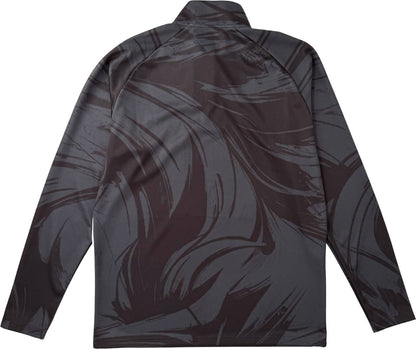 Back view of the Yonex YML6 Unisex Tennis Midlayer - Storm, a long-sleeve jacket by Yonex featuring a dark abstract swirl pattern in black and gray shades.