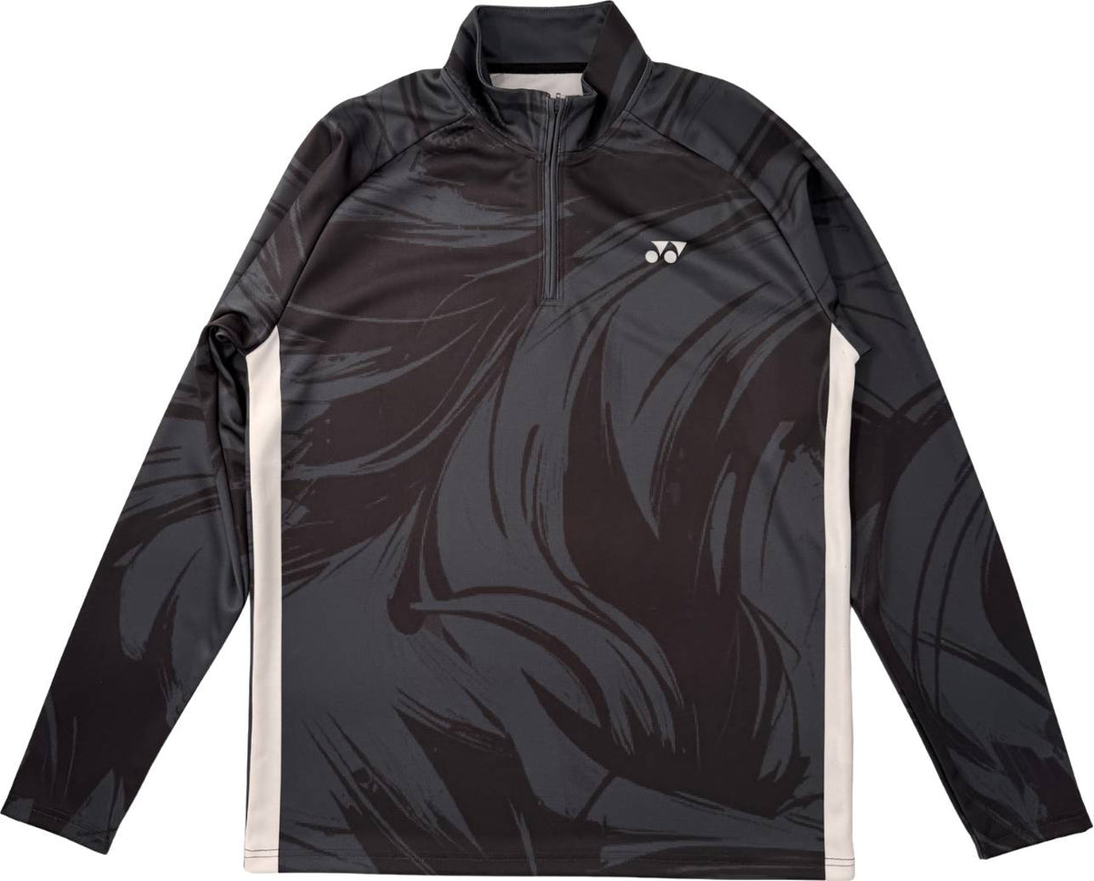 The Yonex YML6 Unisex Tennis Midlayer - Storm is a long-sleeve black and gray athletic pullover featuring an abstract pattern, quarter-zip collar, and a small white Yonex logo on the left chest. White panels run down the sides for added style, making this comfortable quarter-zip Yonex tennis midlayer ideal for layering. It’s perfect unisex tennis apparel for both on and off the court.