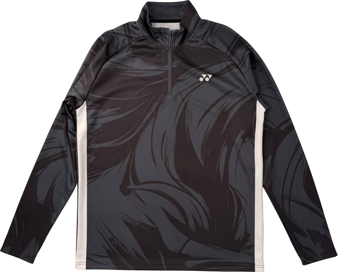 The Yonex YML6 Unisex Tennis Midlayer - Storm is a long-sleeve black and gray athletic pullover featuring an abstract pattern, quarter-zip collar, and a small white Yonex logo on the left chest. White panels run down the sides for added style, making this comfortable quarter-zip Yonex tennis midlayer ideal for layering. It’s perfect unisex tennis apparel for both on and off the court.