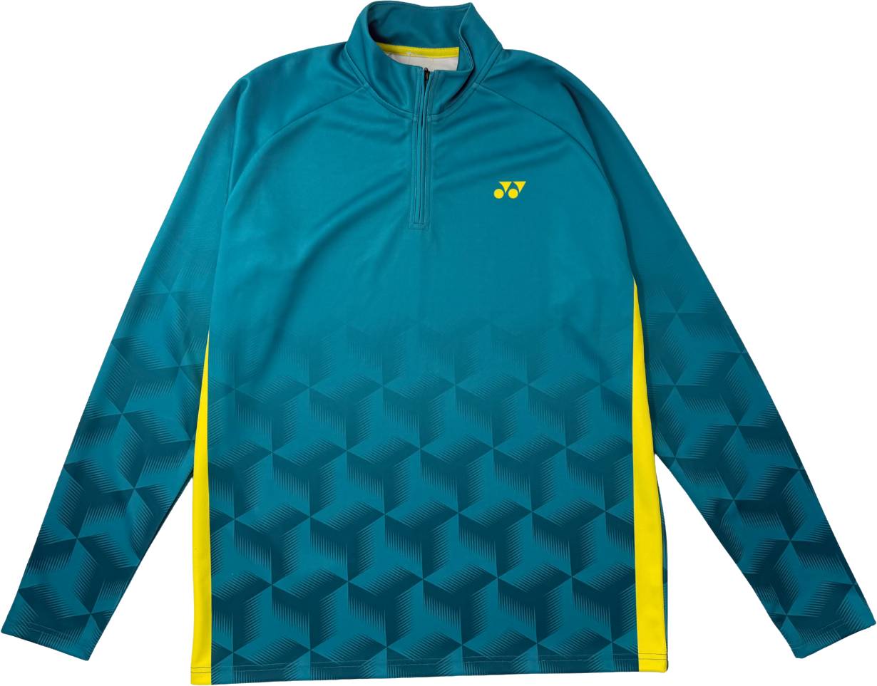 The Yonex YML7 Unisex Tennis Midlayer in teal is a long-sleeve athletic pullover featuring a quarter zipper, yellow side accents, and a geometric cube pattern on the lower half. Designed for tennis players, this Yonex apparel showcases a small yellow logo on the left chest.