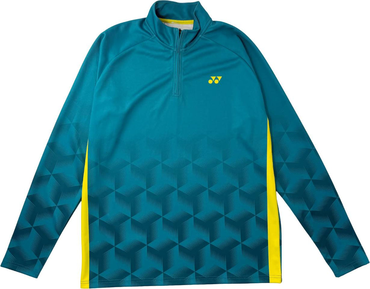 The Yonex YML7 Unisex Tennis Midlayer in teal is a long-sleeve athletic pullover featuring a quarter zipper, yellow side accents, and a geometric cube pattern on the lower half. Designed for tennis players, this Yonex apparel showcases a small yellow logo on the left chest.