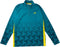 The Yonex YML7 Unisex Tennis Midlayer in teal is a long-sleeve athletic pullover featuring a quarter zipper, yellow side accents, and a geometric cube pattern on the lower half. Designed for tennis players, this Yonex apparel showcases a small yellow logo on the left chest.