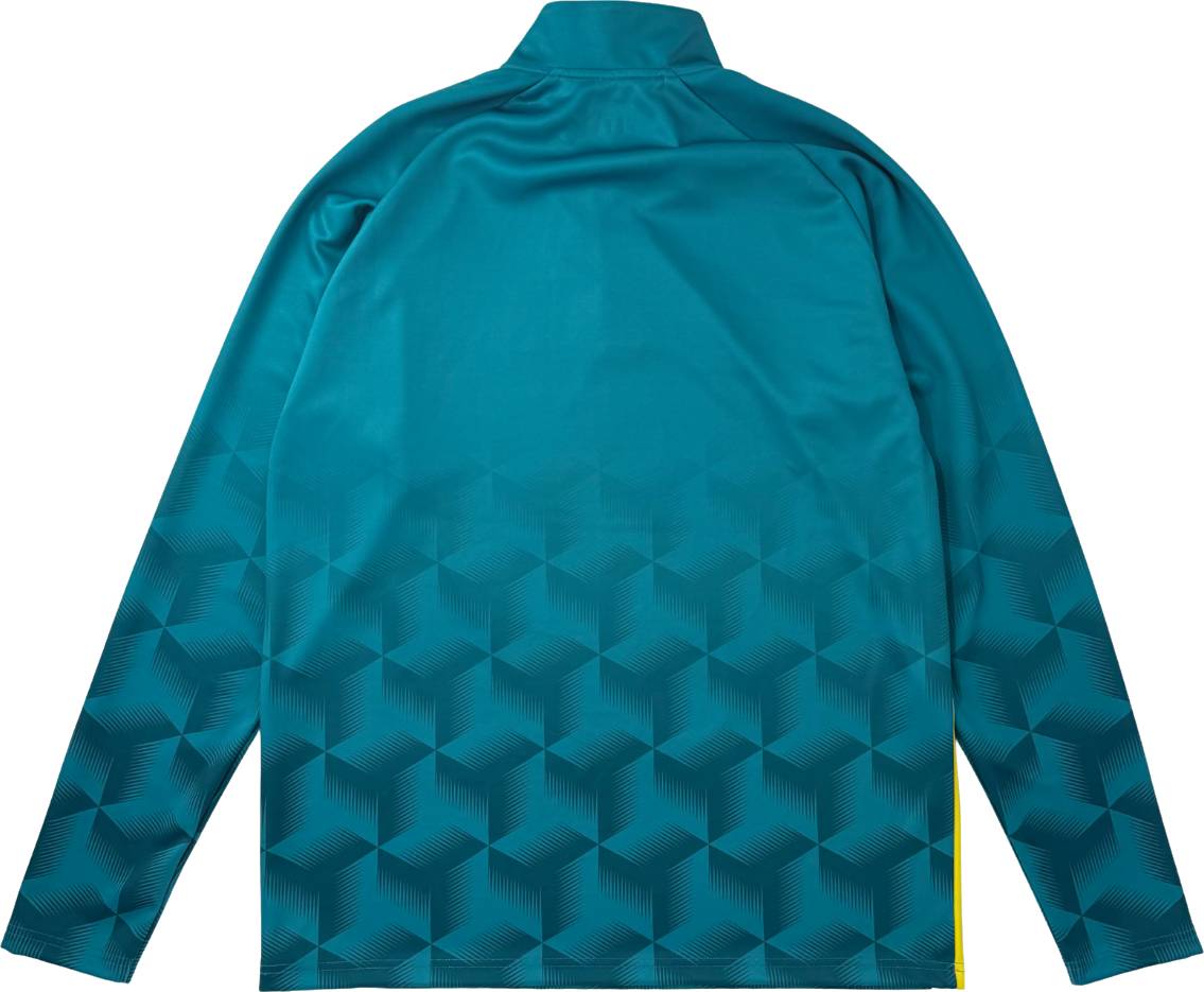 The image displays the back of the Yonex YML7 Unisex Tennis Midlayer in teal, an athletic long-sleeve jacket featuring a quarter zip, high collar, and subtle gradient design with a geometric cube pattern on the lower half.