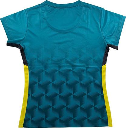 The Yonex YTL12 Womens Tennis T-Shirt in teal features a geometric cube pattern on the lower back, black side panels, and yellow vertical stripes along the sides. Crafted from lightweight polyester for comfort and breathability, this Yonex tennis tee is shown here from the back.