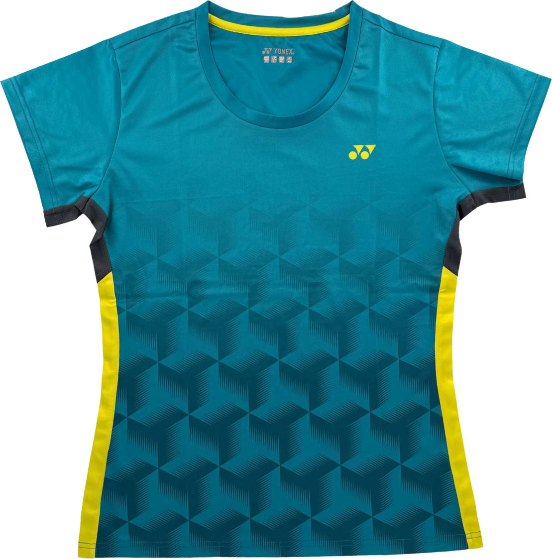 The Yonex YTL12 Womens Tennis T-Shirt in teal is designed for active performance, featuring a vibrant geometric cube pattern, yellow side panels, and a subtle yellow Yonex logo on the left chest. Made from lightweight polyester, this Yonex top ensures exceptional comfort and breathability during intense matches.