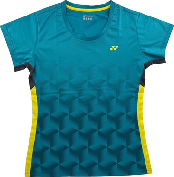 The Yonex YTL12 Womens Tennis T-Shirt in teal is designed for active performance, featuring a vibrant geometric cube pattern, yellow side panels, and a subtle yellow Yonex logo on the left chest. Made from lightweight polyester, this Yonex top ensures exceptional comfort and breathability during intense matches.