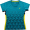The Yonex YTL12 Womens Tennis T-Shirt in teal is designed for active performance, featuring a vibrant geometric cube pattern, yellow side panels, and a subtle yellow Yonex logo on the left chest. Made from lightweight polyester, this Yonex top ensures exceptional comfort and breathability during intense matches.