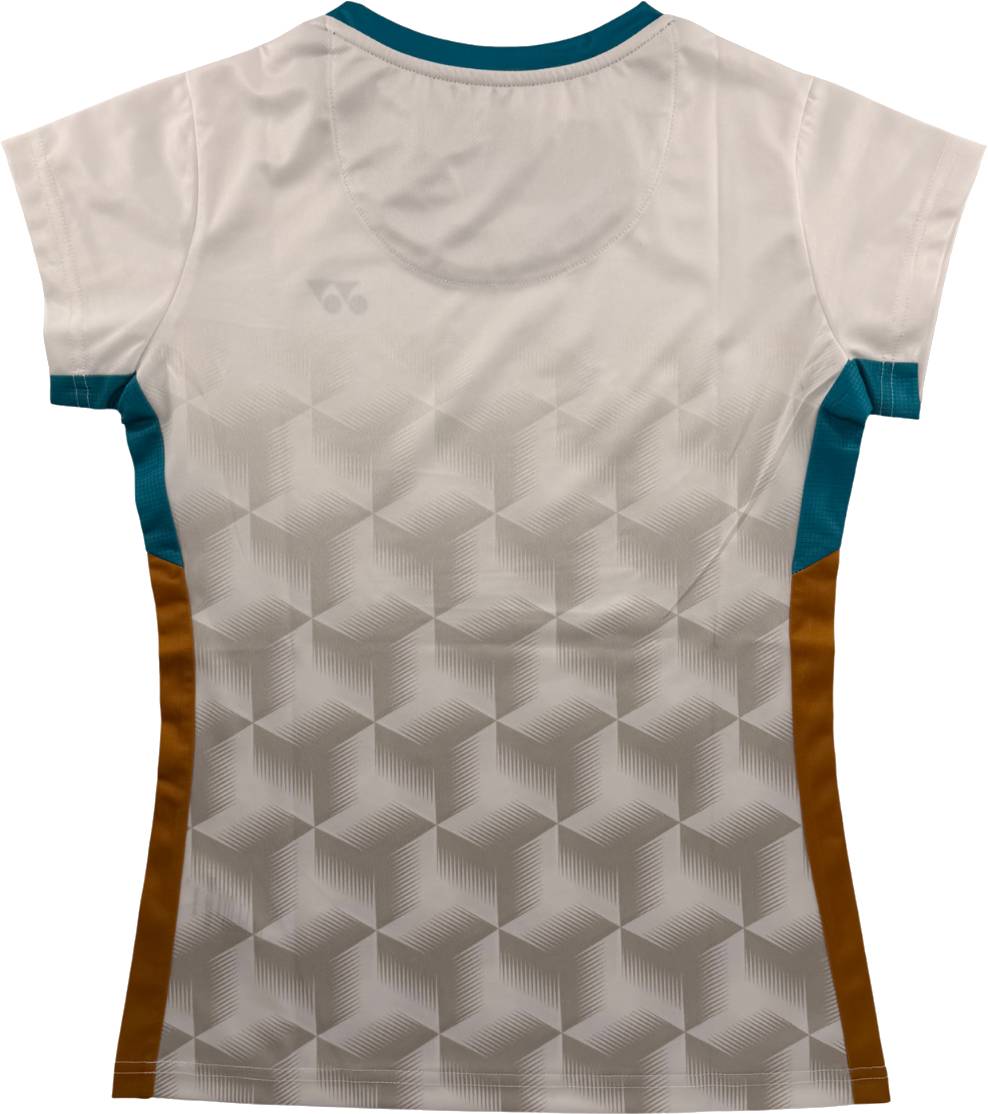 The Yonex YTL12 Womens Tennis T-Shirt - White by Yonex is a lightweight, short-sleeved women’s sports shirt. Viewed from the back, it showcases a white and gray geometric pattern accented with teal details on the sleeves and sides, along with brown panels on the lower sides. Combining modern style and performance, this tennis top offers both comfort and functionality for today’s female players.