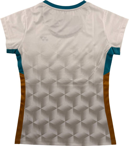 The Yonex YTL12 Womens Tennis T-Shirt - White by Yonex is a lightweight, short-sleeved women’s sports shirt. Viewed from the back, it showcases a white and gray geometric pattern accented with teal details on the sleeves and sides, along with brown panels on the lower sides. Combining modern style and performance, this tennis top offers both comfort and functionality for today’s female players.