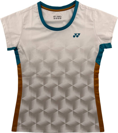 The Yonex YTL12 Womens Tennis T-Shirt in white is a short-sleeve sports shirt expertly crafted from lightweight polyester, featuring a geometric cube pattern, teal collar and side accents, and brown side panels—making it the perfect addition to your women’s tennis apparel collection.