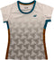 The Yonex YTL12 Womens Tennis T-Shirt in white is a short-sleeve sports shirt expertly crafted from lightweight polyester, featuring a geometric cube pattern, teal collar and side accents, and brown side panels—making it the perfect addition to your women’s tennis apparel collection.