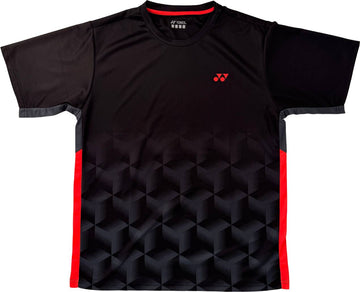 The Yonex YTM12 Mens Tennis T-Shirt in black is a stylish short-sleeve sports shirt, designed with a geometric cube pattern, striking red side panels, and finished with a small red Yonex logo on the left chest—ideal for men’s tennis.