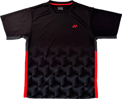 The Yonex YTM12 Mens Tennis T-Shirt in black is a stylish short-sleeve sports shirt, designed with a geometric cube pattern, striking red side panels, and finished with a small red Yonex logo on the left chest—ideal for men’s tennis.