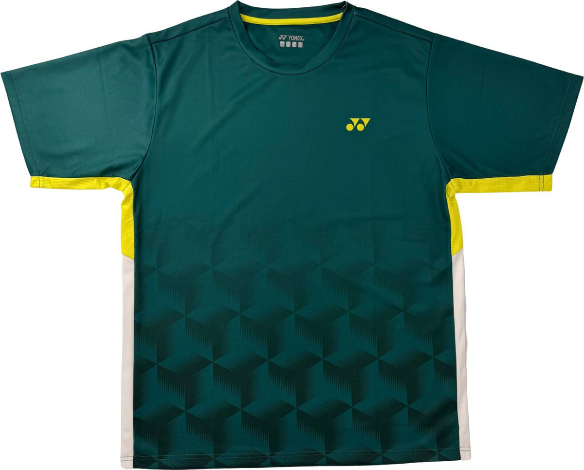 The Yonex YTM12 Men’s Tennis T-Shirt in Dark Teal features short sleeves, geometric black patterns at the bottom, yellow accents on the sides and sleeves, and a small yellow chest logo—this stylish piece from Yonex’s team apparel collection ensures both performance and flair on the court.