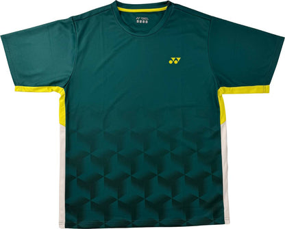 The Yonex YTM12 Men’s Tennis T-Shirt in Dark Teal features short sleeves, geometric black patterns at the bottom, yellow accents on the sides and sleeves, and a small yellow chest logo—this stylish piece from Yonex’s team apparel collection ensures both performance and flair on the court.