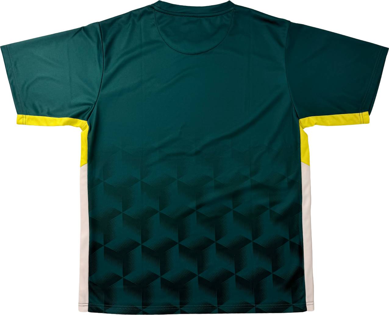 A Yonex YTM12 Men’s Tennis T-Shirt in dark teal, shown from the back, features short sleeves, a geometric black pattern on the lower half, yellow panels under the sleeves, and white side accents—evoking classic Yonex team apparel.