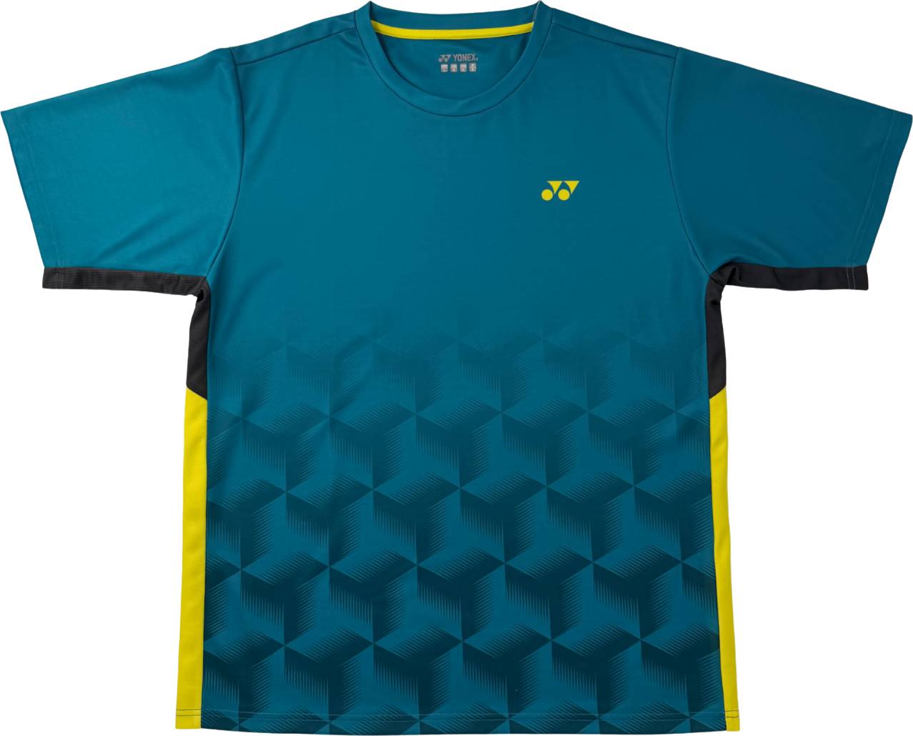 The Yonex YTM12 Men’s Tennis T-Shirt in teal features short sleeves, a striking black geometric pattern on the lower front, yellow side panels, and a small yellow Yonex logo on the chest—making it an ideal choice as a Yonex tennis t-shirt or men’s tennis shirt for your next match.