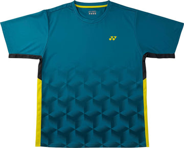 The Yonex YTM12 Men’s Tennis T-Shirt in teal features short sleeves, a striking black geometric pattern on the lower front, yellow side panels, and a small yellow Yonex logo on the chest—making it an ideal choice as a Yonex tennis t-shirt or men’s tennis shirt for your next match.