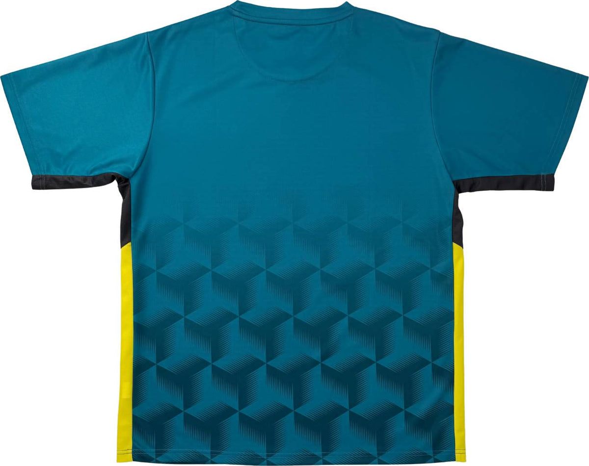 The Yonex YTM12 Men’s Tennis T-Shirt in teal features a striking geometric cube pattern on the back, yellow side panels, and black accents under the arms—making it a stylish sportswear option from Yonex for men.