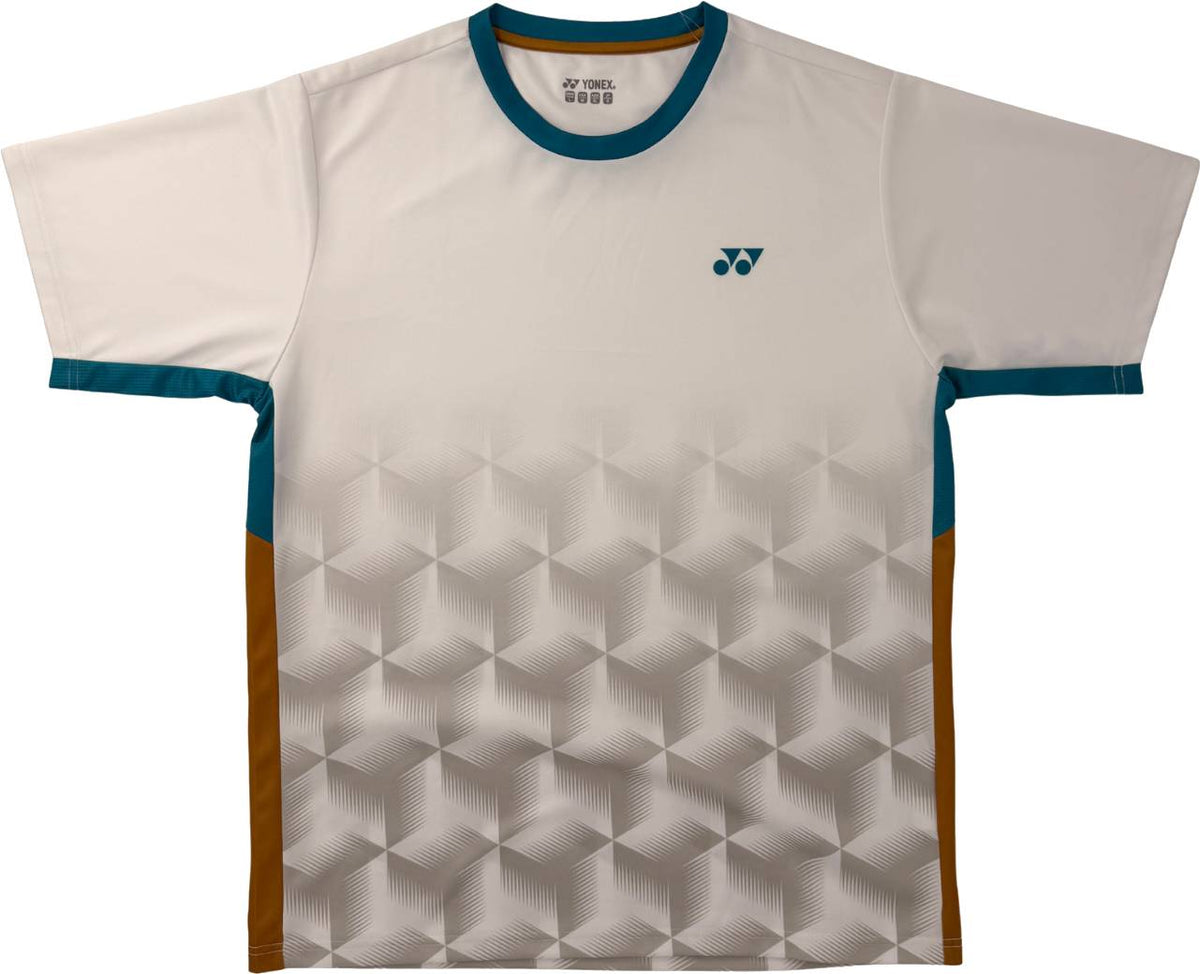 The Yonex YTM12 Men’s Tennis T-Shirt in white is a short-sleeve shirt featuring a striking geometric cube pattern, teal accents on the collar and sleeve edges, orange side panels, and a small blue Yonex logo on the chest.