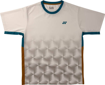 The Yonex YTM12 Men’s Tennis T-Shirt in white is a short-sleeve shirt featuring a striking geometric cube pattern, teal accents on the collar and sleeve edges, orange side panels, and a small blue Yonex logo on the chest.