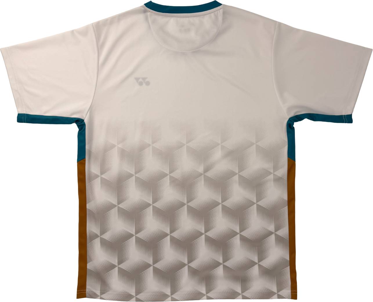 Introducing the Yonex YTM12 Men’s Tennis T-Shirt – White: a short-sleeve men’s tennis shirt from Yonex, designed with a geometric cube motif on the back. This stylish tee features a predominantly white body accented by teal trim at the collar and sleeves, complemented by contrasting brown side panels for a modern athletic look.