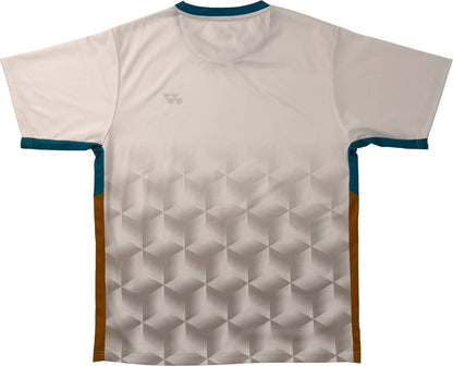 Introducing the Yonex YTM12 Men’s Tennis T-Shirt – White: a short-sleeve men’s tennis shirt from Yonex, designed with a geometric cube motif on the back. This stylish tee features a predominantly white body accented by teal trim at the collar and sleeves, complemented by contrasting brown side panels for a modern athletic look.