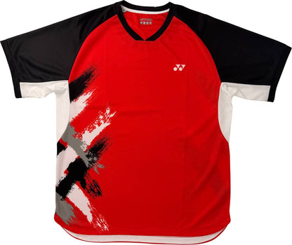 The Yonex YTM13 Mens Tennis T-Shirt - Red is a stylish short-sleeved athletic court top designed for performance and comfort. Featuring a bold red front, black sleeves, white sides, and dynamic abstract brushstroke patterns in black, white, and gray along one side, this Yonex t-shirt offers both standout style and functionality for men on the tennis court.