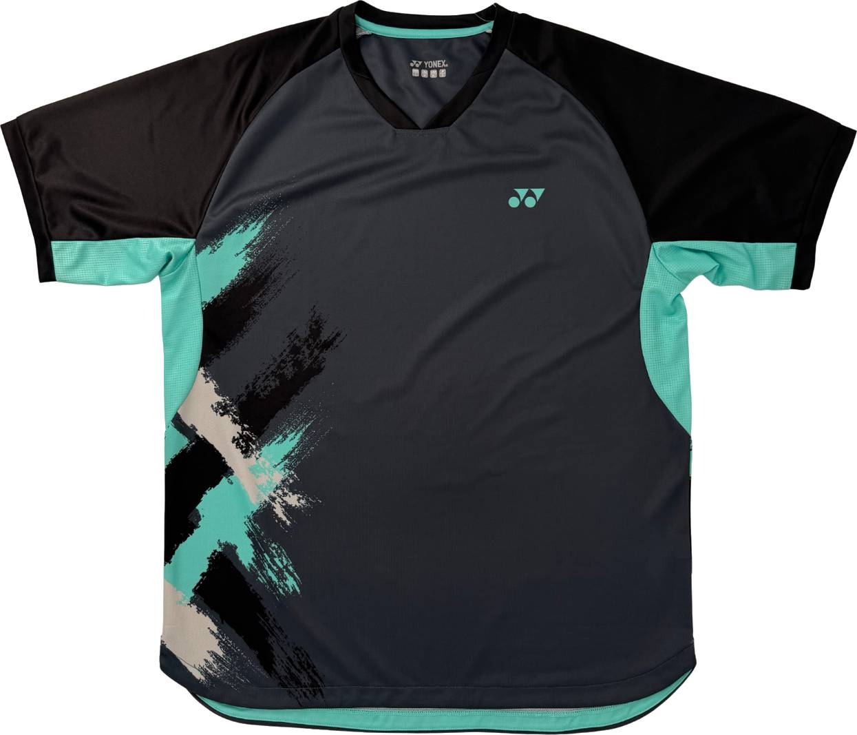 Introducing the Yonex YTM13 Mens Tennis T-Shirt - Storm by Yonex. This short-sleeve training shirt features black shoulders, teal side panels, and an abstract brushstroke design in teal, black, and beige on the front. Designed with an athletic fit and finished with a small white Yonex logo on the left chest, it’s perfect for dynamic performance both on and off the court.