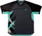 Introducing the Yonex YTM13 Mens Tennis T-Shirt - Storm by Yonex. This short-sleeve training shirt features black shoulders, teal side panels, and an abstract brushstroke design in teal, black, and beige on the front. Designed with an athletic fit and finished with a small white Yonex logo on the left chest, it’s perfect for dynamic performance both on and off the court.
