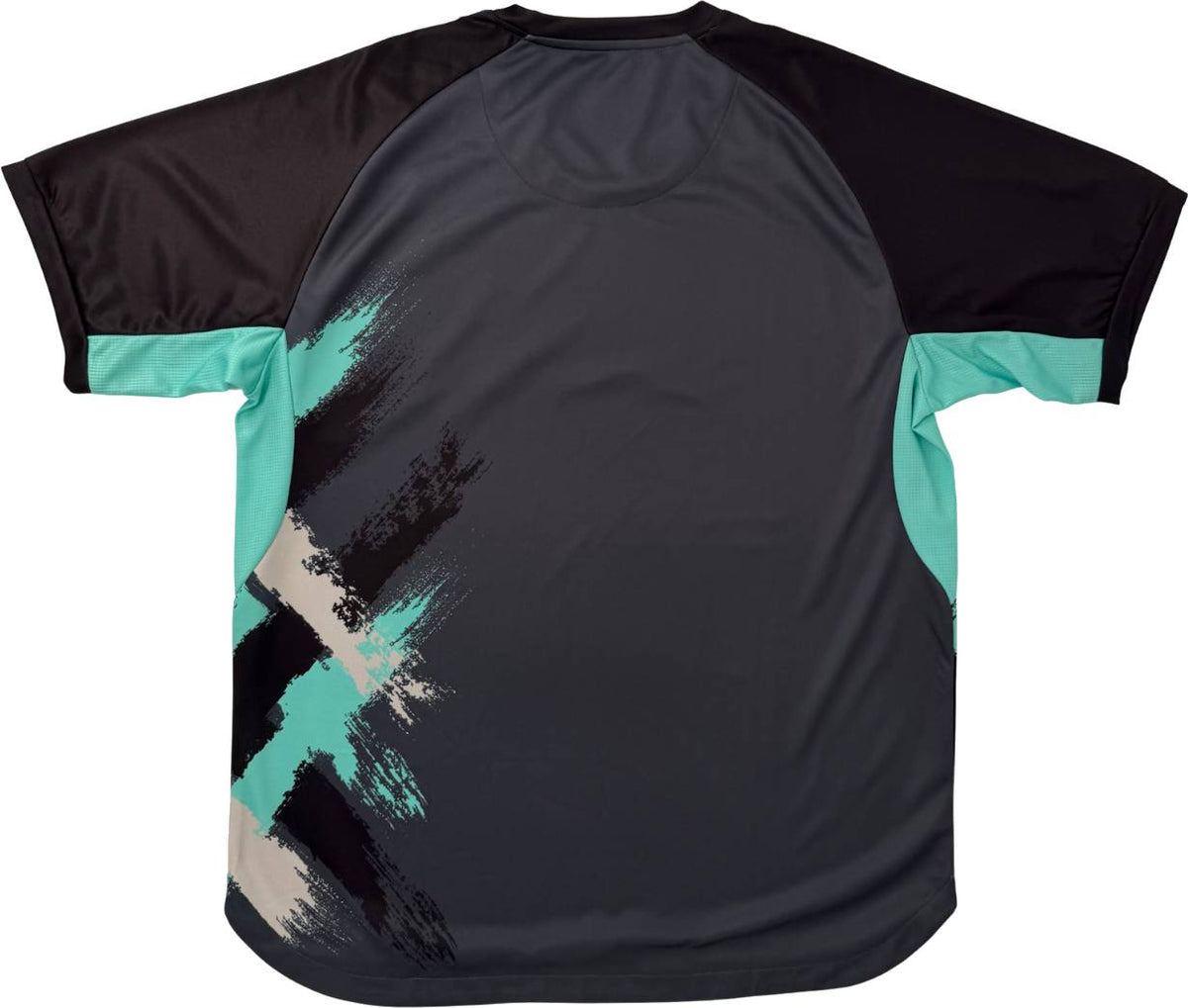 Introducing the Yonex YTM13 Men’s Tennis T-Shirt – Storm: a short-sleeved, dark athletic-fit tee by Yonex, designed with black sleeves and teal side panels. This shirt features abstract brushstroke patterns in teal, cream, and black on the lower left back, making it perfect as a Yonex tennis t-shirt or a stylish men’s training top.