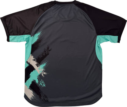 Introducing the Yonex YTM13 Men’s Tennis T-Shirt – Storm: a short-sleeved, dark athletic-fit tee by Yonex, designed with black sleeves and teal side panels. This shirt features abstract brushstroke patterns in teal, cream, and black on the lower left back, making it perfect as a Yonex tennis t-shirt or a stylish men’s training top.