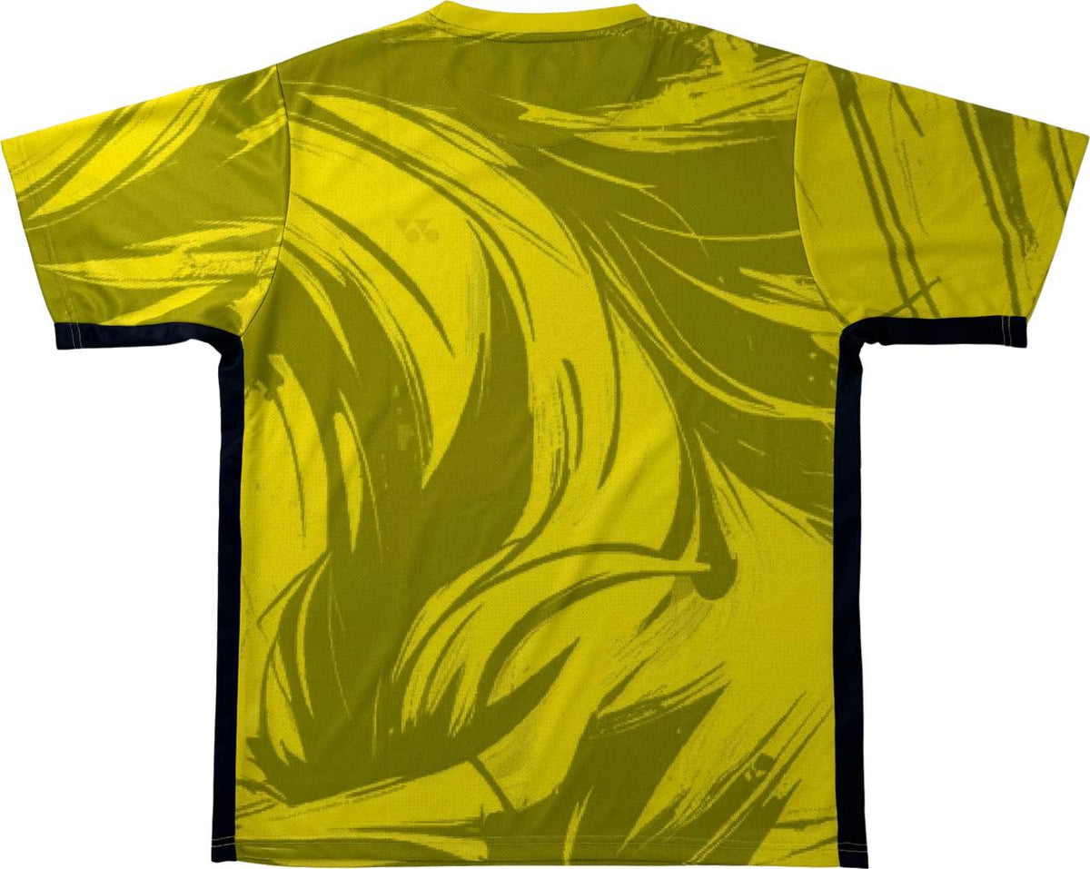 A Yonex YTM14 Men’s Tennis T-Shirt in lime, featuring short sleeves, athletic polyester fabric, bold abstract dark yellow brushstroke patterns, and black side panels, shown from the back. Perfect for tennis training or matches.